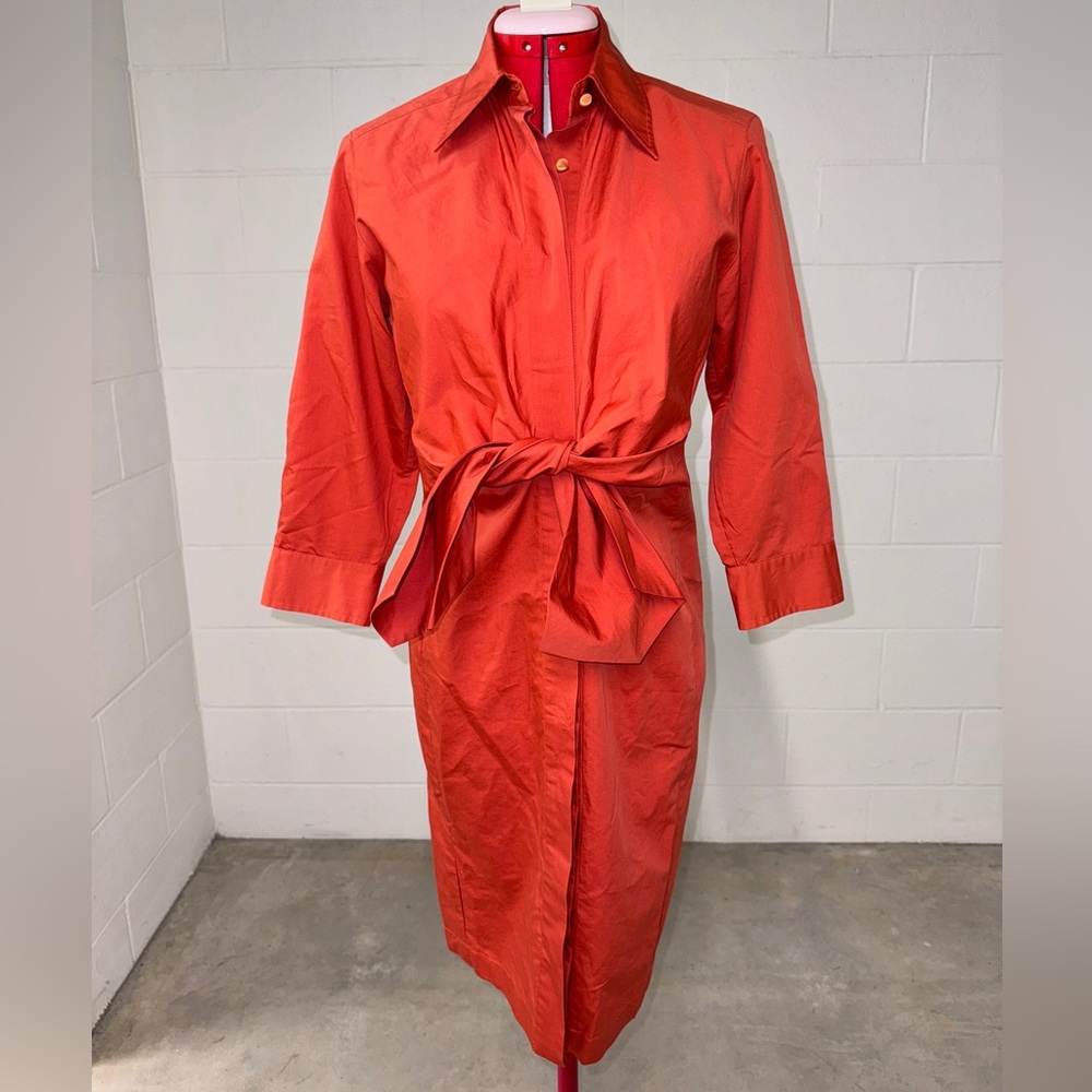 MaxMara Poplin Belted Midi Shirt Orange Cotton Dress. Size Medium.